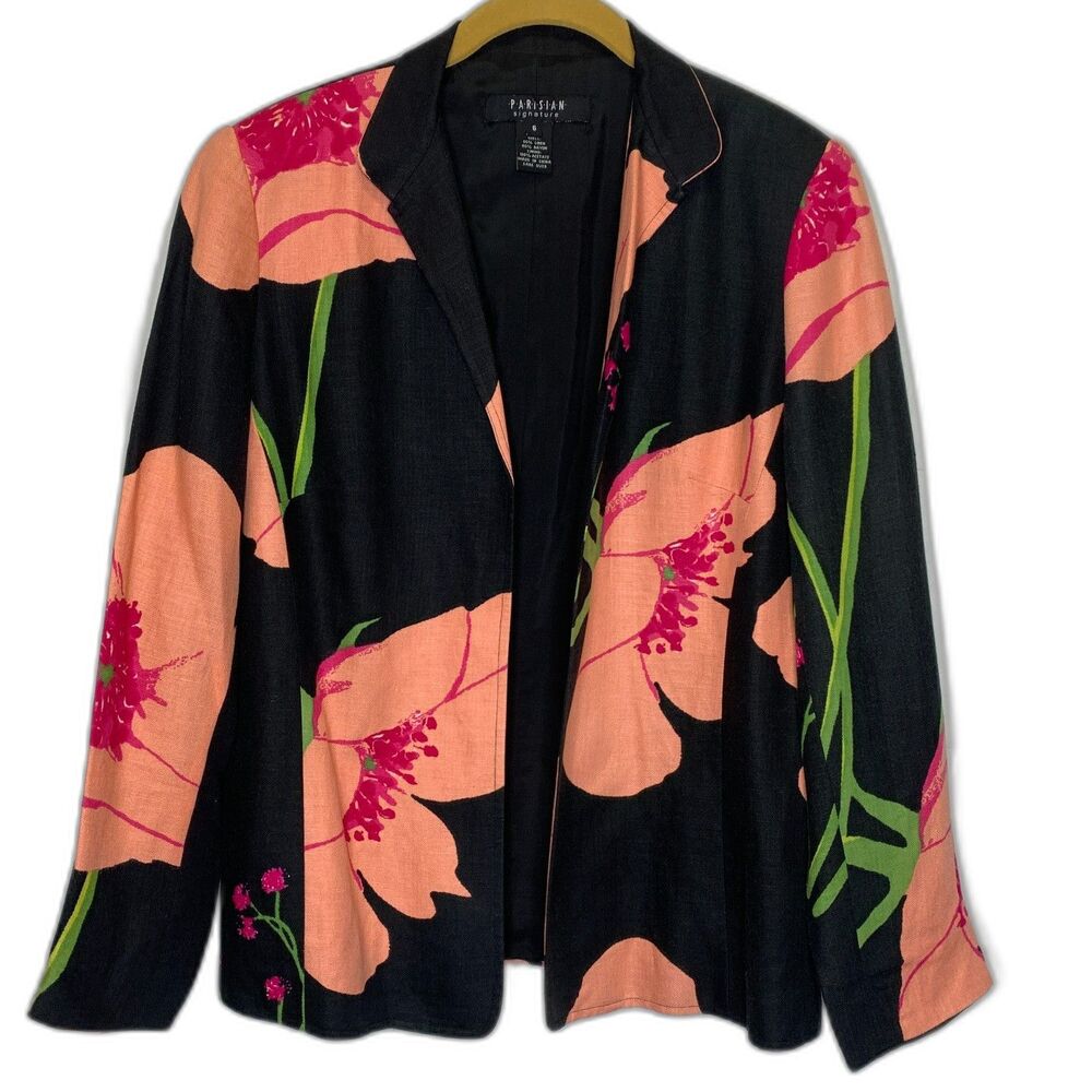 Womans Parisian Signature Linen Blend Blazer Floral Dark‎ Academia Artsy Size 6